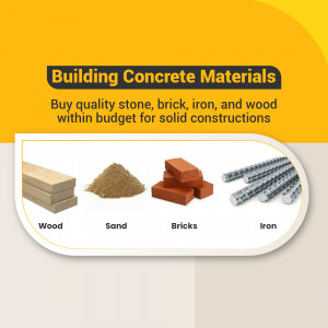 Image showcasing building materials like wood, sand, bricks, and iron.