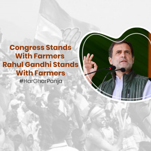 Rahul Gandhi addressing a crowd of farmers with the Indian National Congress flag in the background.