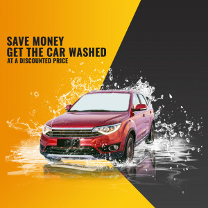 Red car with water splashes and a promotional offer for discounted car washes.