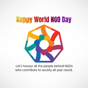 Colorful hands in a circle with the text Happy World NGO Day