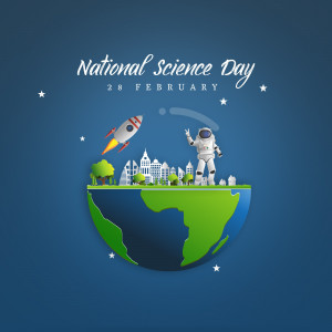 Illustration for National Science Day featuring an astronaut, a rocket, and a paper-cut style Earth.