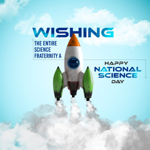 A rocket launching through clouds with the text 'Wishing the entire science fraternity a Happy National Science Day'