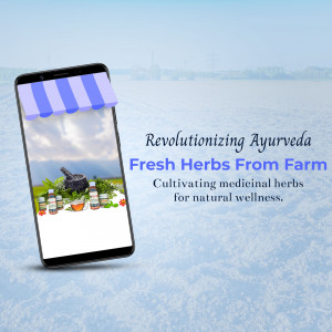 Smartphone displaying an Ayurveda app promoting fresh herbs and natural wellness.