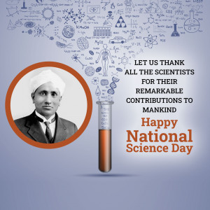 Image commemorating National Science Day featuring C.V. Raman and scientific illustrations.