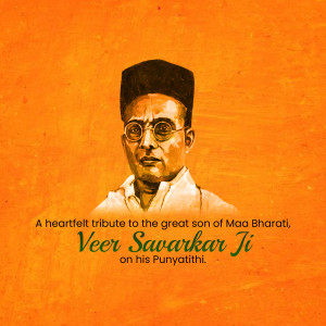 Portrait of Veer Savarkar with text commemorating his Punyatithi