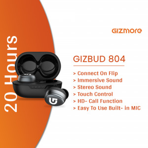 Black Gizbud 804 wireless earbuds in charging case with product features listed.