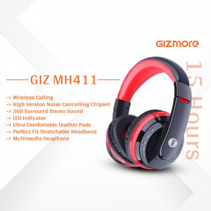 Red and black Gizmore GIZ MH411 wireless headphones with features listed