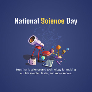 Illustration for National Science Day featuring a telescope, planets, and science equipment.