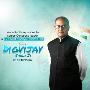Portrait of Digvijay Singh with Indian flag and birthday greetings