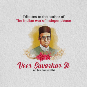 Portrait of Veer Savarkar Ji with floral decorations and text commemorating his Punyatithi.