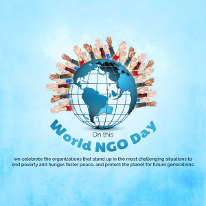 Diverse hands reaching towards a globe with 'World NGO Day' text