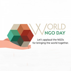 Illustration of a hand holding a geometric structure with the text 'World NGO Day' and 'Let's applaud the NGOs for bringing the world together.'