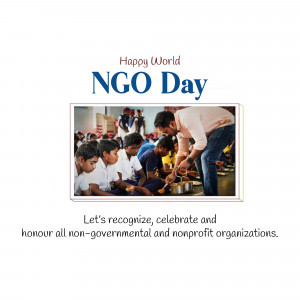 Image celebrating World NGO Day with volunteers serving food to children.