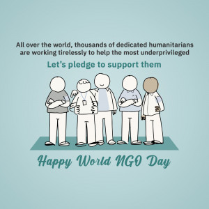 Illustration of stick figures representing humanitarians with text celebrating World NGO Day.