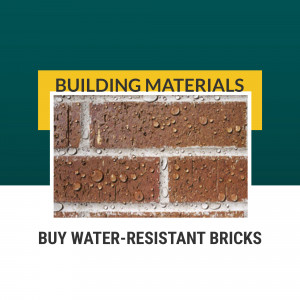 Close-up of red bricks with water droplets, advertising water-resistant building materials.
