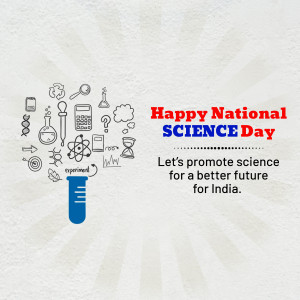 Illustration celebrating National Science Day with science-related doodles and text.