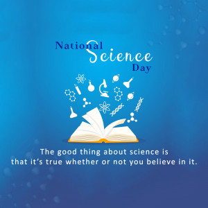 National Science Day graphic with science icons and an open book