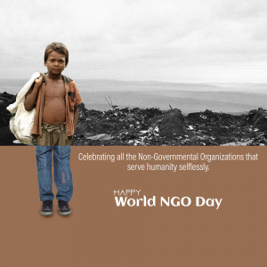 A young boy carrying a bag stands in front of a landfill, with text celebrating World NGO Day.