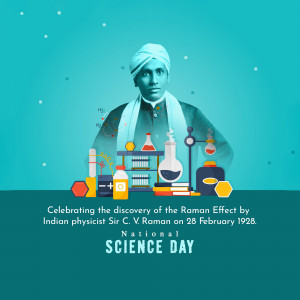 Illustration of C.V. Raman with scientific equipment and the text 'National Science Day'
