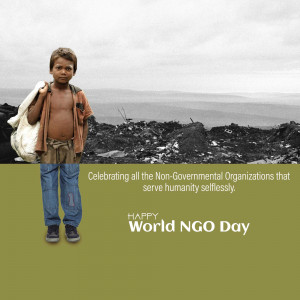 A young boy standing in front of a landfill with a message celebrating World NGO Day.