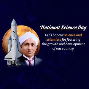 National Science Day poster featuring C.V. Raman and a space shuttle.