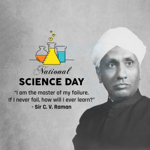 Portrait of Sir C.V. Raman with science-related imagery and a quote.