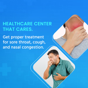 Image depicting people experiencing symptoms like sore throat, cough, and congestion, promoting healthcare services.