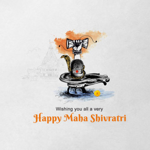Watercolor illustration of a Shiva Lingam with a temple backdrop and text 'Happy Maha Shivratri'