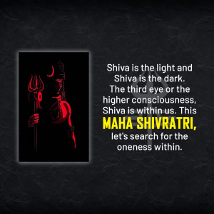 Illustration of Lord Shiva with a trident and crescent moon, with text about Maha Shivratri.