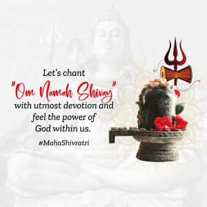 Image depicting a Shivling with a trident and Lord Shiva's face in the background, with text 'Om Namah Shivay'
