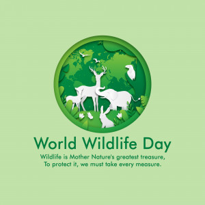 Paper cut illustration of wildlife animals on a green background with the text 'World Wildlife Day'