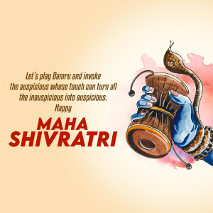 Watercolor illustration of Lord Shiva's hand holding a Damru drum with Maha Shivaratri text.