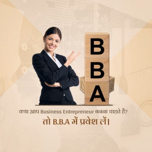 A woman pointing towards stacked blocks spelling BBA, promoting a BBA program.