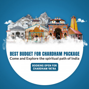 Image of Chardham temples with text promoting a budget travel package.