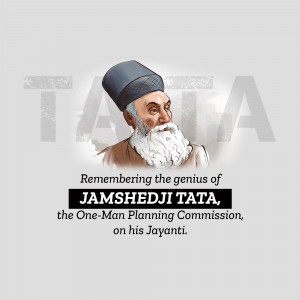 Portrait of Jamsetji Tata with text commemorating his birth anniversary