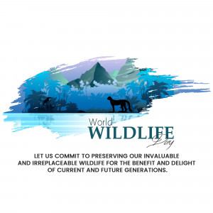 World Wildlife Day graphic with mountains, water, a tiger, and text.
