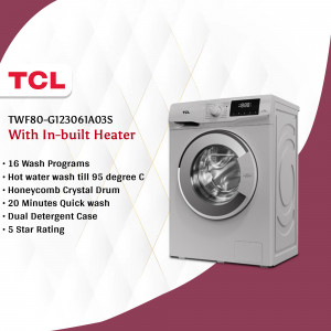 Front view of a white TCL washing machine with a digital display and features listed.