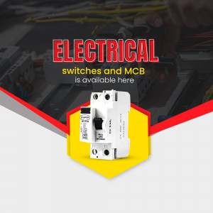 Image of an electrical MCB (Miniature Circuit Breaker) with text promoting electrical switches and MCB availability.