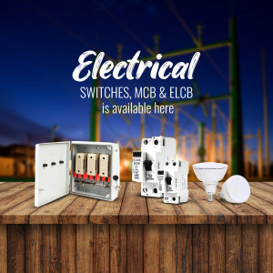 Electrical switches, MCB, and ELCB displayed on a wooden surface with a power line background.
