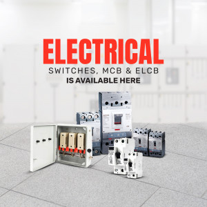 Electrical switches, MCB and ELCB products displayed on a white background.