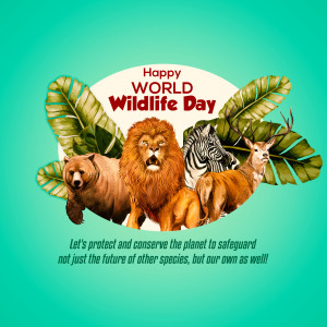Illustration of a lion, zebra, bear, and deer with tropical leaves for World Wildlife Day