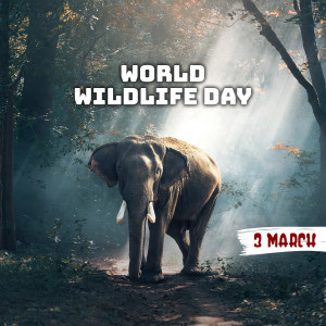 An elephant walking towards the viewer with text 'World Wildlife Day' and '3 March' on the image.