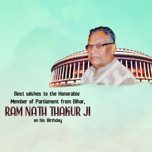 Portrait of Ram Nath Thakur, Member of Parliament from Bihar, with the Parliament House in the background.