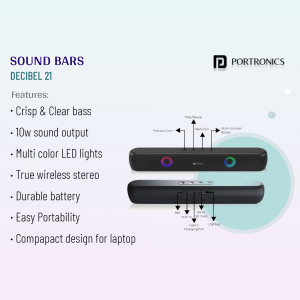 Portronics Decibel 21 Sound Bar with features listed