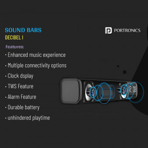 Portronics Decibel I Sound Bar with features listed