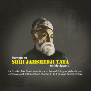 Portrait of Jamshedji Tata with text commemorating his Jayanti