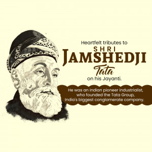 Portrait of Jamshedji Tata with tribute text