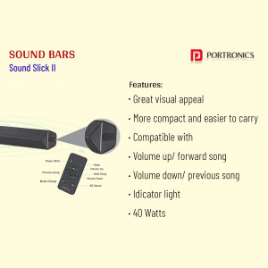 Portronics Sound Slick II sound bar with features listed