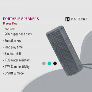 Portronics Breeze Plus portable speaker with features listed