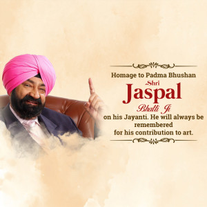 Portrait of Jaspal Ji, a renowned artist, with a tribute message.
